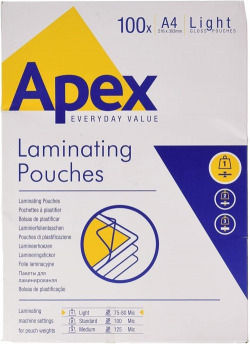 PACK OF 100 LAMINATING SHEETS A4 80 MICRAS SHINY APEX