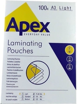 PACK OF 100 LAMINATING SHEETS A3 125 MICRAS SHINY APEX