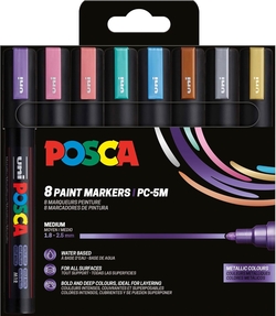 ESTOJO 8 MARCADORES POSCA PC5M UNI-BALL CORES METALICOS