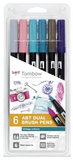 SET OF 6 DOUBLE ENDED MARKERS BRUSH TIP VINTAGE COLORS