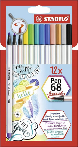 BOX OF 12 COLORS STABILO PEN 68 BRUSH TIP
