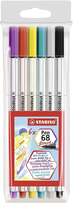 BOX OF 6 COLORS STABILO PEN 68 BRUSH TIP