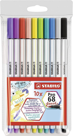 BOX OF 10 COLORS STABILO PEN 68 BRUSH TIP
