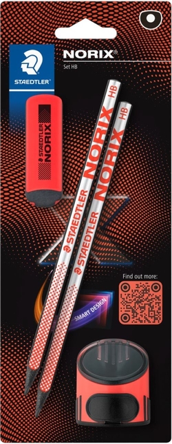 BLISTER 2 LAPIS DE GRAFITO NORIX + AFIA-LÁPIS + BORRACHA VERMELHO