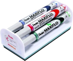 Set 4 rotuladores pizarra maxiflo colores negro, azul, rojo, verde con borrador magnetico