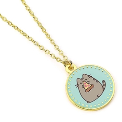 Collar Dorado Con Abalorio Redondo Azul De Pusheen Con Pizza