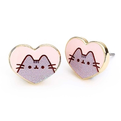 Pendientes Dorados Y Esmaltados De Corazónes Rosa De Pusheen