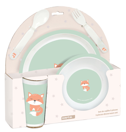 SET PLATOS, CUBIERTOS ET VASO PREE. ZORRITO 26X26X9CM