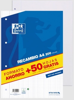 RECARGA A4 200+50H 4 ORIFICIOS 90G. CUAD.4X4 C/M OXFORD