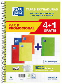PACK 4+1 BLOC Fº 80H 90G. CUAD.4X4 C/M COLORS VIVOS T/D