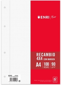 RECANVI A4 4 TALADROS 100H 90G CUAD 4X4 C/MARGEN ENRI