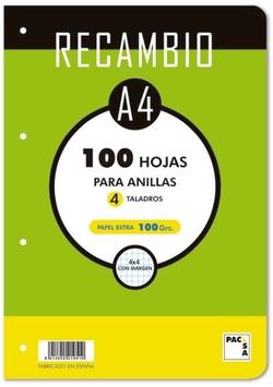 RECANVI A4 100H 4 TALADROS 100G CUAD.4X4 C/M CANTOS REDON
