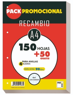 RECANVI A4 150+50H 4 TALADROS 90G CUAD.4X4 C/M PACSA