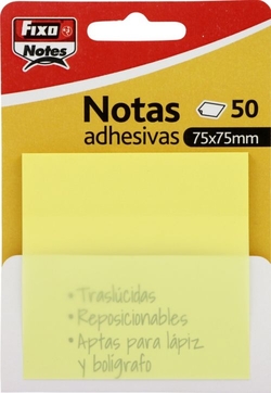 BLOC 50 NOTAS AUTOCOLLANTES TRANSLUCIDE 75X75 JAUNE PASTEL