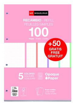 RECAMBIO NOTEBOOK5 A4 100+50 90G CUAD. 5X5 CORES PASTEL