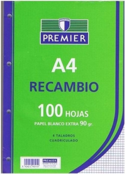 PIÈCE DE RECHANGE A4 100H 4 TALADROS 90G CUAD.4X4 C/M PREMIER