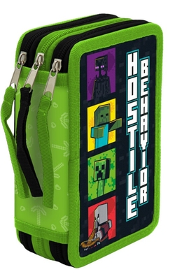 TRIPLE PENCIL CASE WITH SCHOOL SUPPLIES MINECRAFT HOSTILE