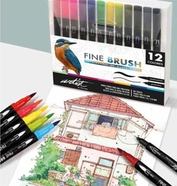 ESTOJO 12 MARCADORES FINE BRUSH DUPLO PONTA CORES SURT.