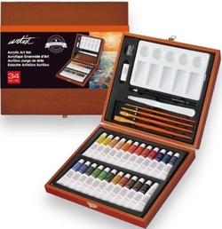 WOODEN BOX 35 TUBES ACRYLIC PAINT 12ML ARTIST COLORS