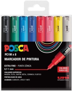 ESTOJO 8 MARCADORES POSCA PC1M UNI-BALL CORES BASICOS