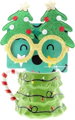 TAZA XMAS TREE 350ML. + GAFAS MOTIVOS NAVIDEÑOS