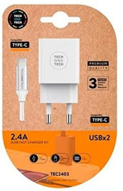 Cargador doble + cable braided nylon usb-c alto rendimiento 2,4A color blanco