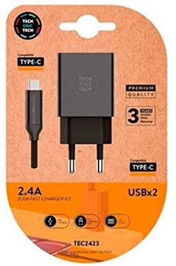 Cargador doble + cable braided nylon usb-c alto rendimento 2,4A color negro
