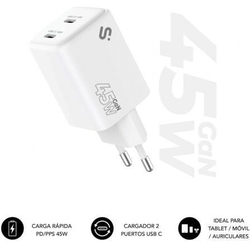 Cargador De Pared Gan Subblim 45W Charger Usb C+C/ 2Xusb Tip