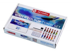 COMBI SET 12 TUBOS AQUARELLE 20ML + BLOC A4 ET PINCELES